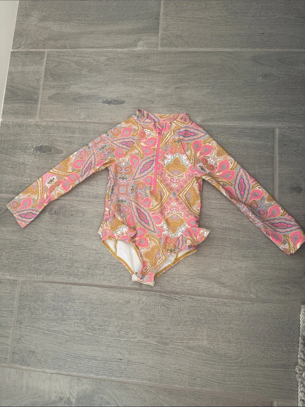 Jessica Simpson Girls' Pink & Gold Paisley Long-Sleeve One-Piece Swim